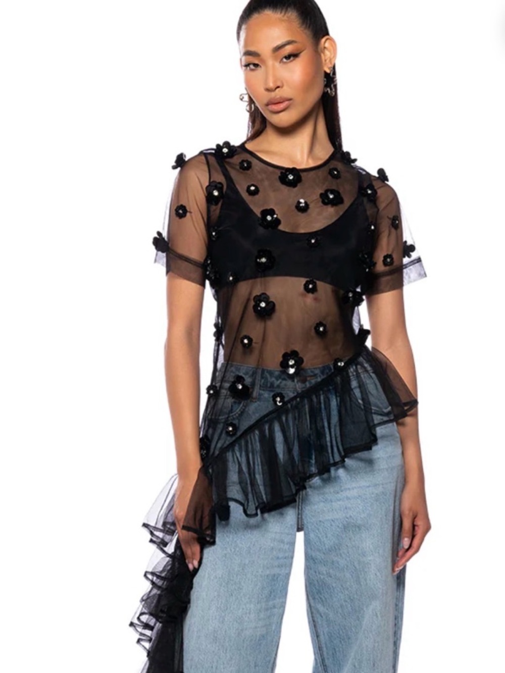 AKIRA Label "Too Glam" Embellished Mesh Top with Asymmetrical Ruffle